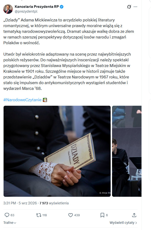 Wpis Kancelarii Prezydenta RP w serwisie X przypominający historię inscenizacji Dziadów