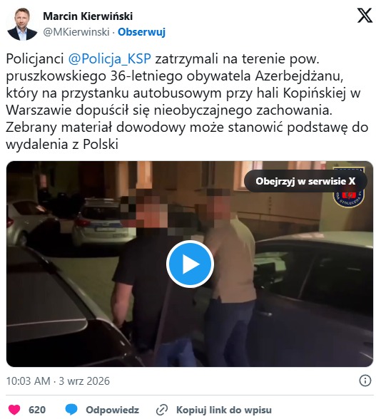 Wpis Marcina Kierwińskiego o zatrzymaniu 36-latka i możliwej podstawie do wydalenia go z Polski