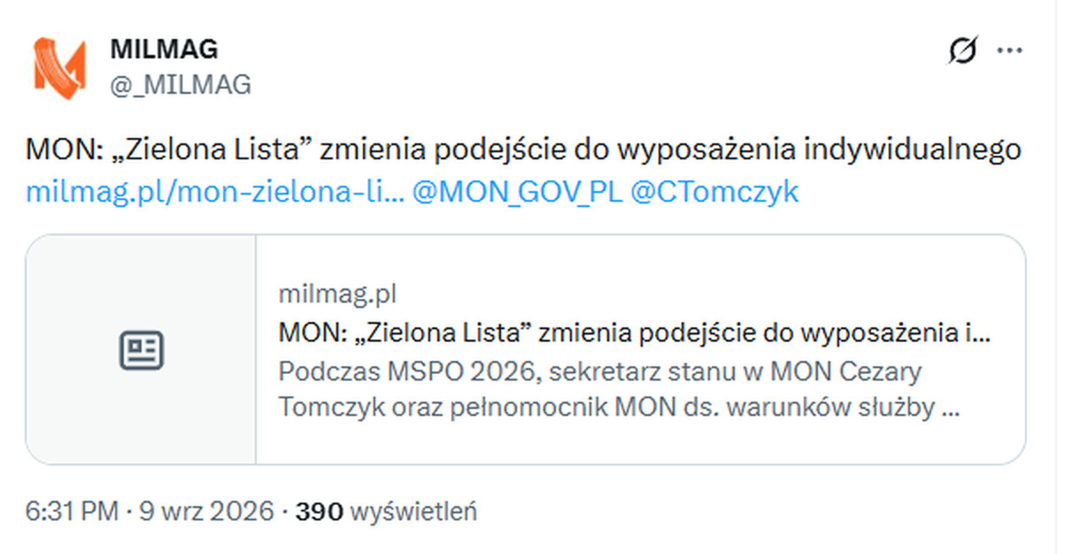 Zrzut wpisu serwisu MILMAG o zmianie podejścia MON do wyposażenia indywidualnego