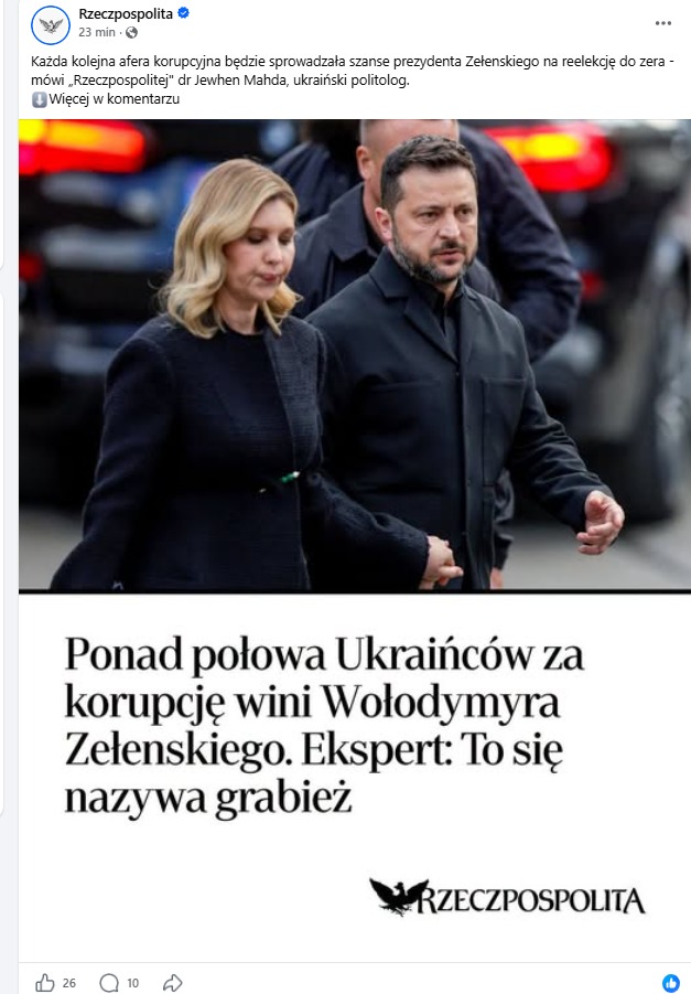 Zrzut wpisu dziennika Rzeczpospolita w serwisie Facebook o odpowiedzialności Zełenskiego za korupcję
