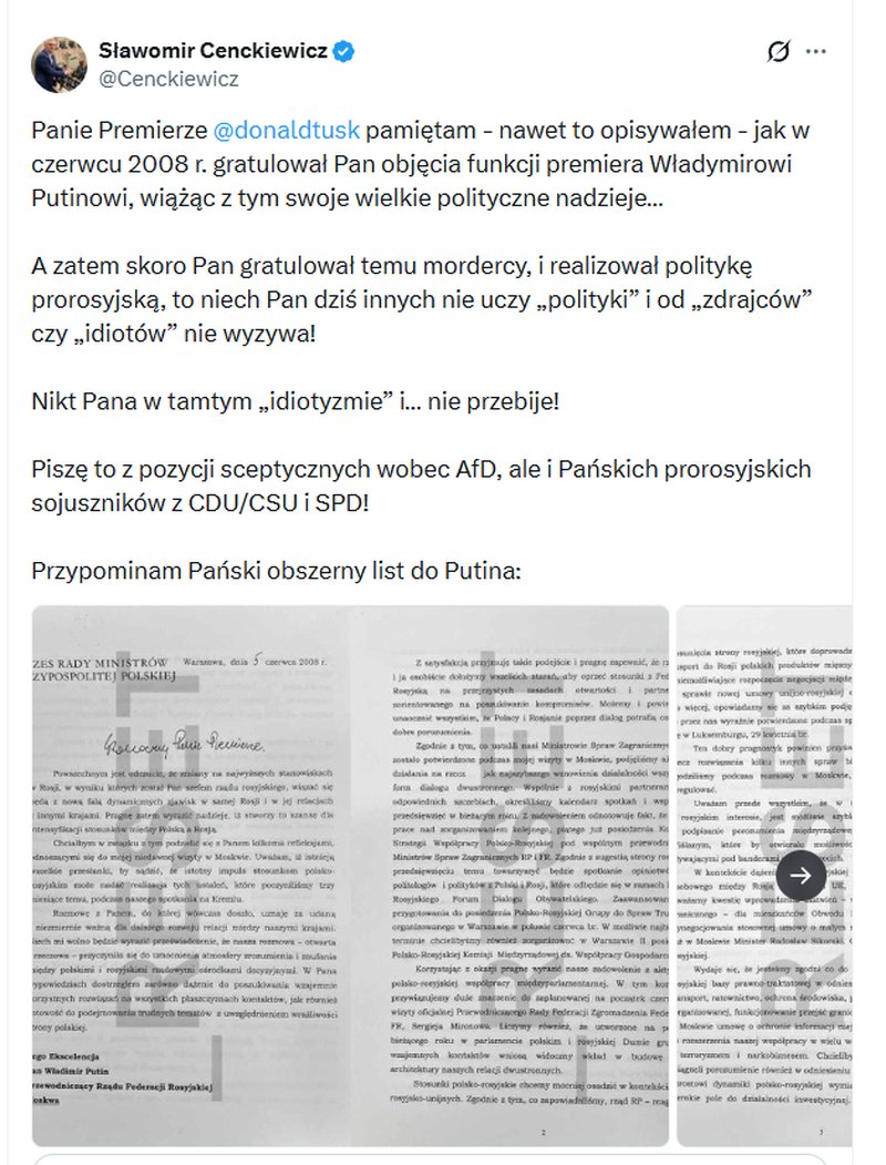 Zrzut wpisu Sławomira Cenckiewicza w serwisie X ze skanem listu Donalda Tuska do Władimira Putina