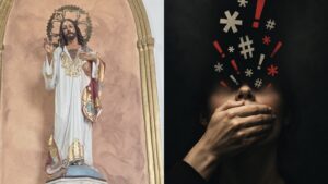 Po lewej figura Najświętszego Serca Jezusa, po prawej dłoń zasłaniająca usta z symbolami cenzury