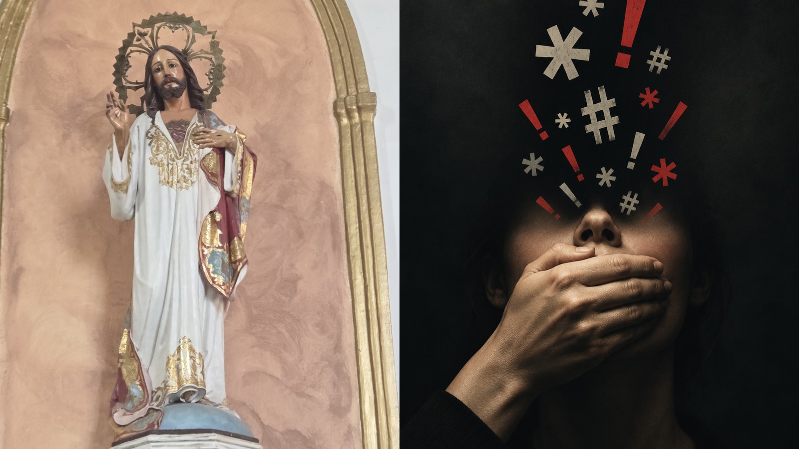 Po lewej figura Najświętszego Serca Jezusa, po prawej dłoń zasłaniająca usta z symbolami cenzury