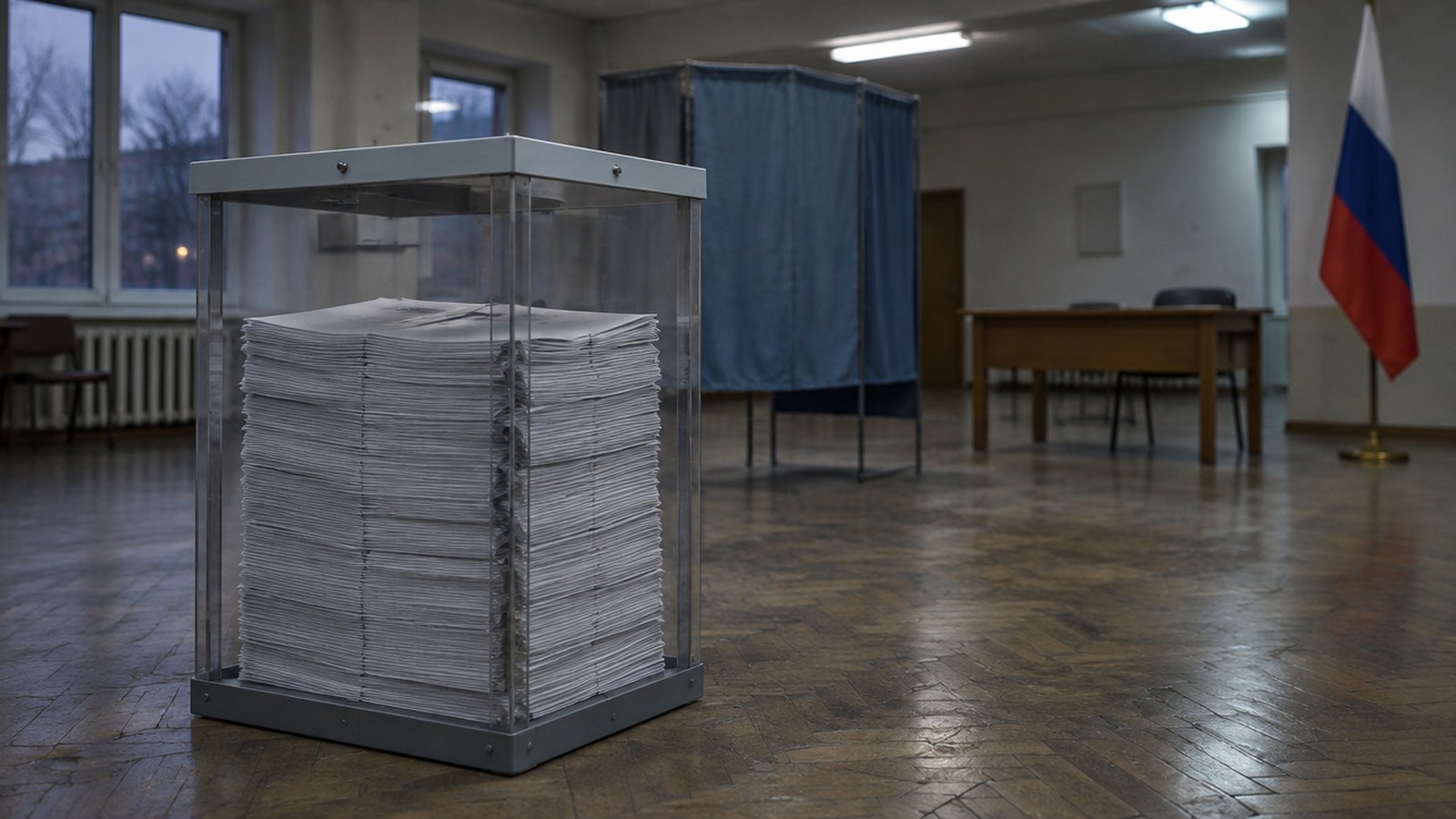 Przezroczysta urna wyborcza wypełniona zwartym plikiem kart do głosowania