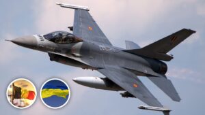 samolot f-16 na tle nieba, a w lewym dolnym rogu - obok siebie - ujęte w okręgi flagi Belgii i Ukrainy