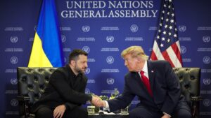 Wołodymyr Zełenski i Donald Trump podczas spotkania na marginesie 81. sesji Zgromadzenia Ogólnego ONZ, 22 września 2026 r.