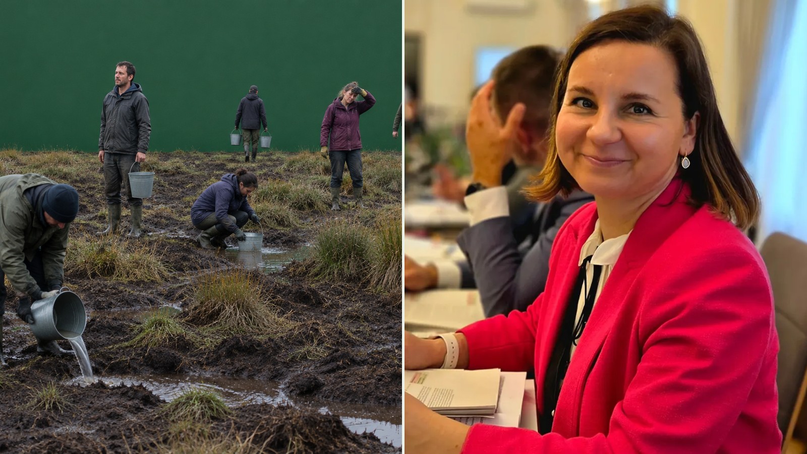 Ludzie z wiadrami odtwarzają bagno, obok Urszula Zielińska w czerwonej marynarce