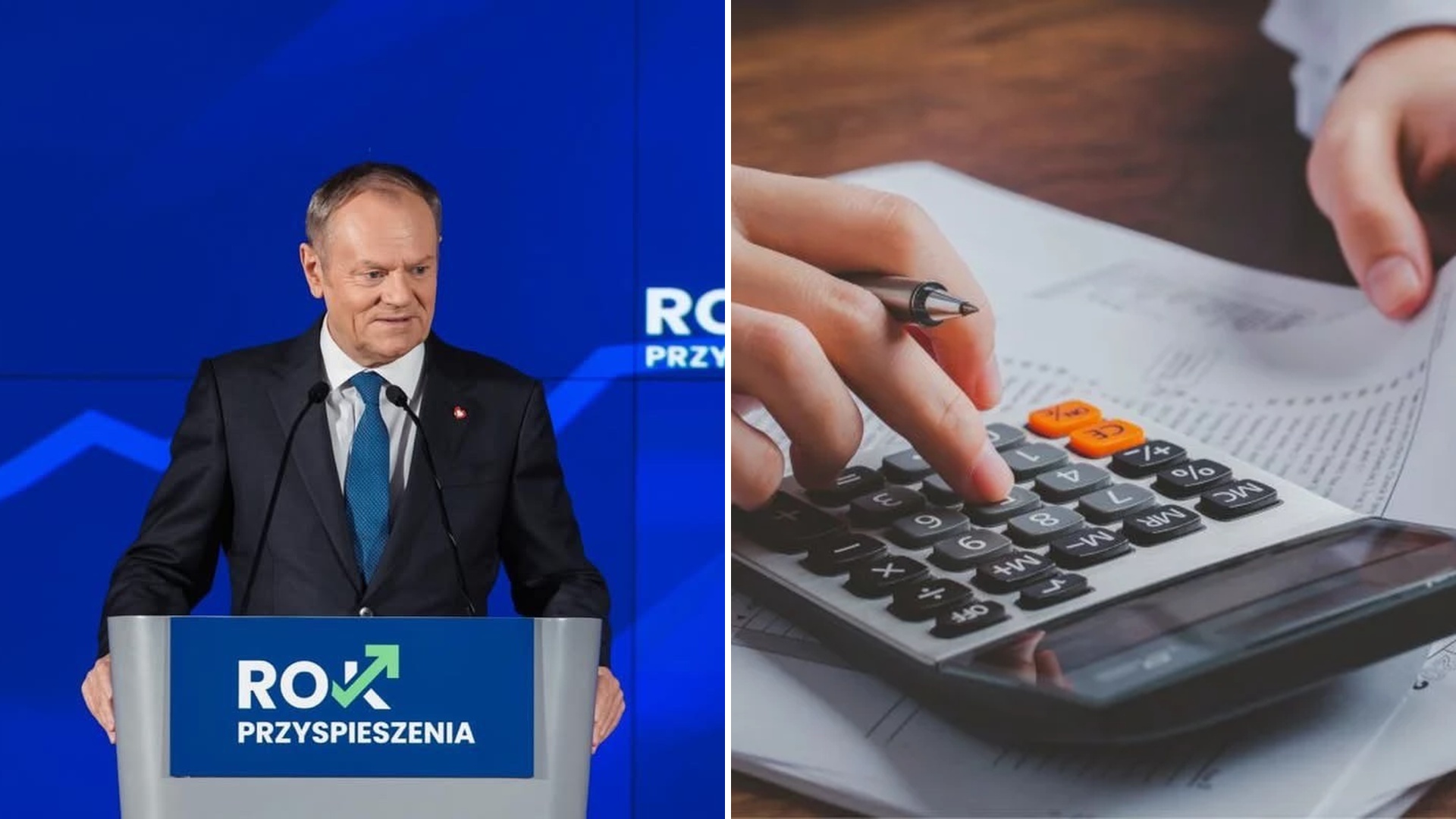 Donald Tusk i dłoń kobiety obliczającej podatki