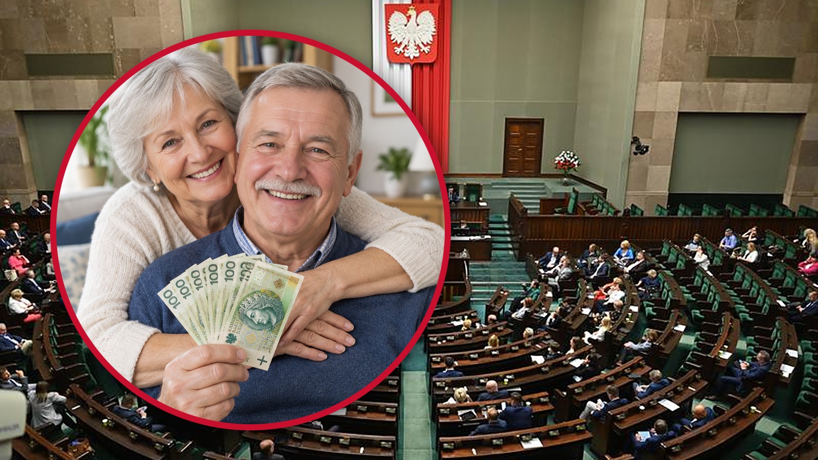 Uśmiechnięta para seniorów z banknotami 100 zł na tle sali obrad Sejmu, ilustracja do 1600 zł dla emerytów