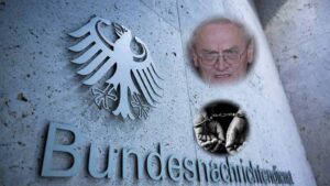 Logo Bundesnachrichtendienst na fasadzie, portret Augusta Hanninga i dłonie w kajdankach
