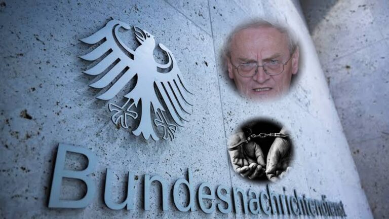 Logo Bundesnachrichtendienst na fasadzie, portret Augusta Hanninga i dłonie w kajdankach