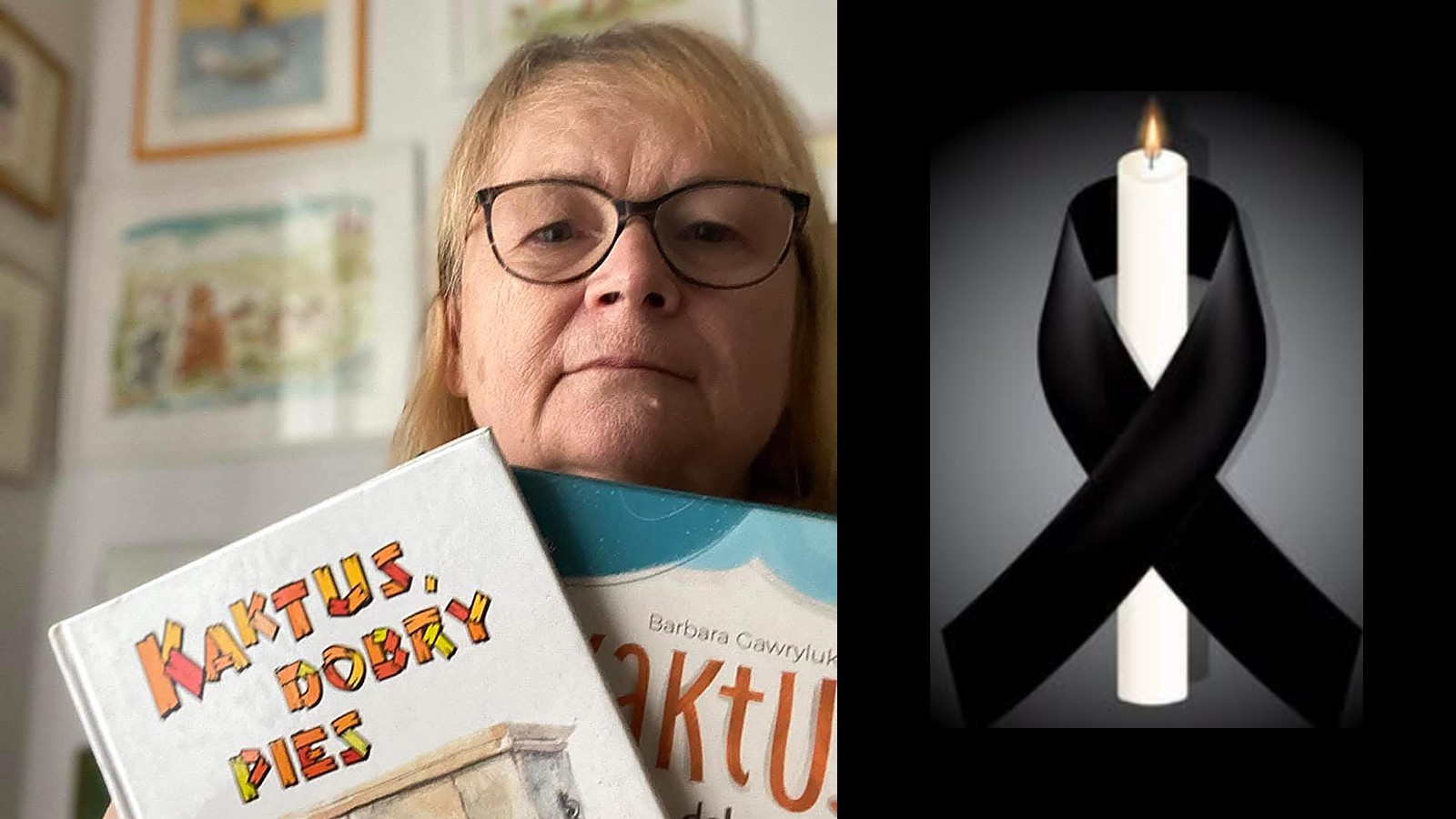 Barbara Gawryluk z książką „Kaktus, dobry pies” obok świecy z czarną wstążką żałobną