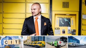 Rafał Brzoska na tle paczkomatów InPost, poniżej kafelki z napisem CIT i samochody dostawcze firmy