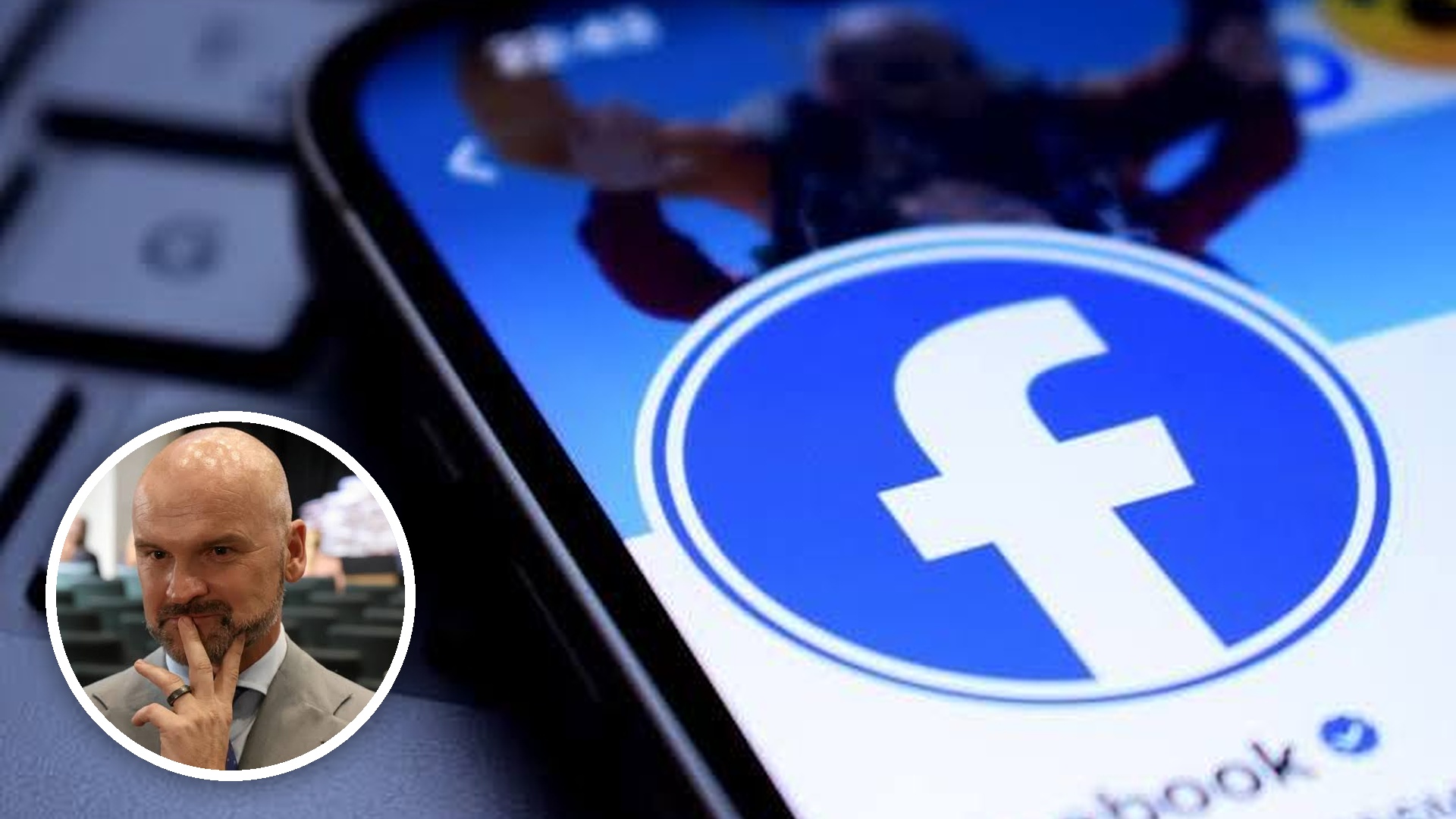 Rafał Brzoska (w dolnym lewym rogu, w okręgu) i jako tło zdjęcie smartfona z aplikacją facebook