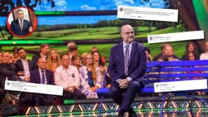 Cezary Żak na scenie telewizyjnej, w tle widownia, w kółku prezydent Karol Nawrocki i komentarze internautów
