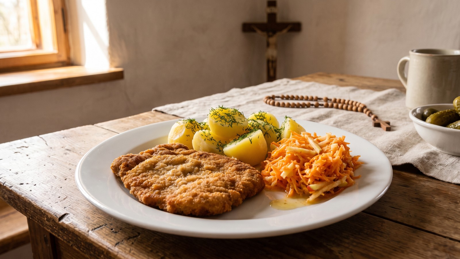 Tradycyjny obiad: kotlet schabowy, ziemniaki z koperkiem i surówka z marchewki, a obok krzyż i różaniec (mięso a piątek)