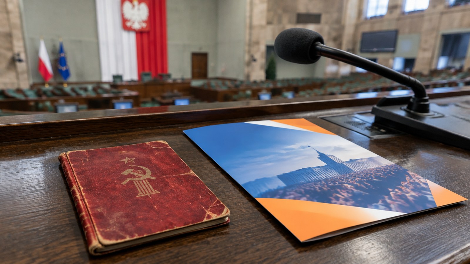 Legitymacja PZPR i ulotka wyborcza na sejmowym pulpicie, ilustracja do felietonu o Danucie Hübner i komunistach Platformy