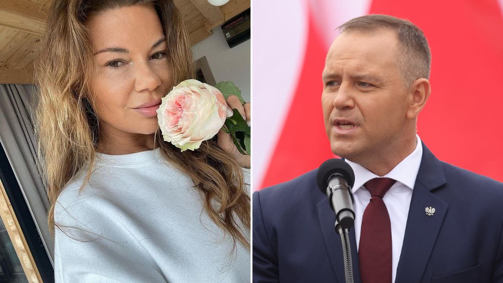 Edyta Górniak z różą przy twarzy obok prezydenta Karola Nawrockiego przemawiającego przy mikrofonie
