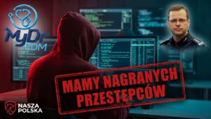 Zakapturzony haker przed monitorami, logo MyDr, Mariusz Sokołowski i czerwona pieczęć Mamy nagranych przestępców