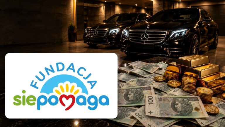 Logo Fundacji Siepomaga na tle banknotów 100 zł, sztabek złota i dwóch czarnych Mercedesów w garażu