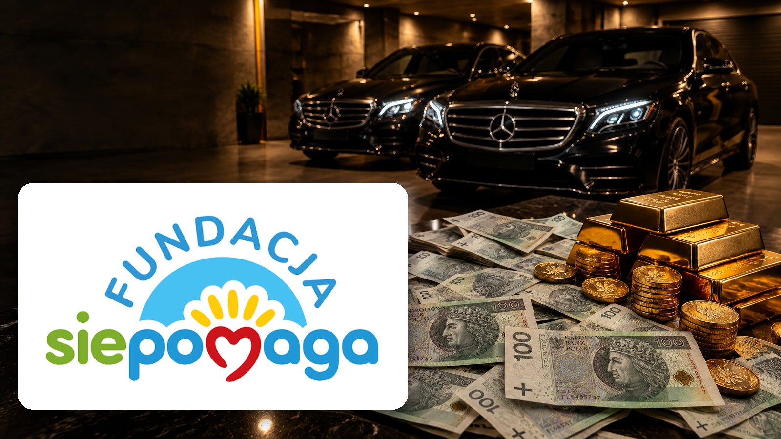 Logo Fundacji Siepomaga na tle banknotów 100 zł, sztabek złota i dwóch czarnych Mercedesów w garażu