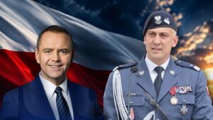 Prezydent Karol Nawrocki i gen. Radosław Jaworski, nowy doradca prezydenta, na tle biało-czerwonej flagi