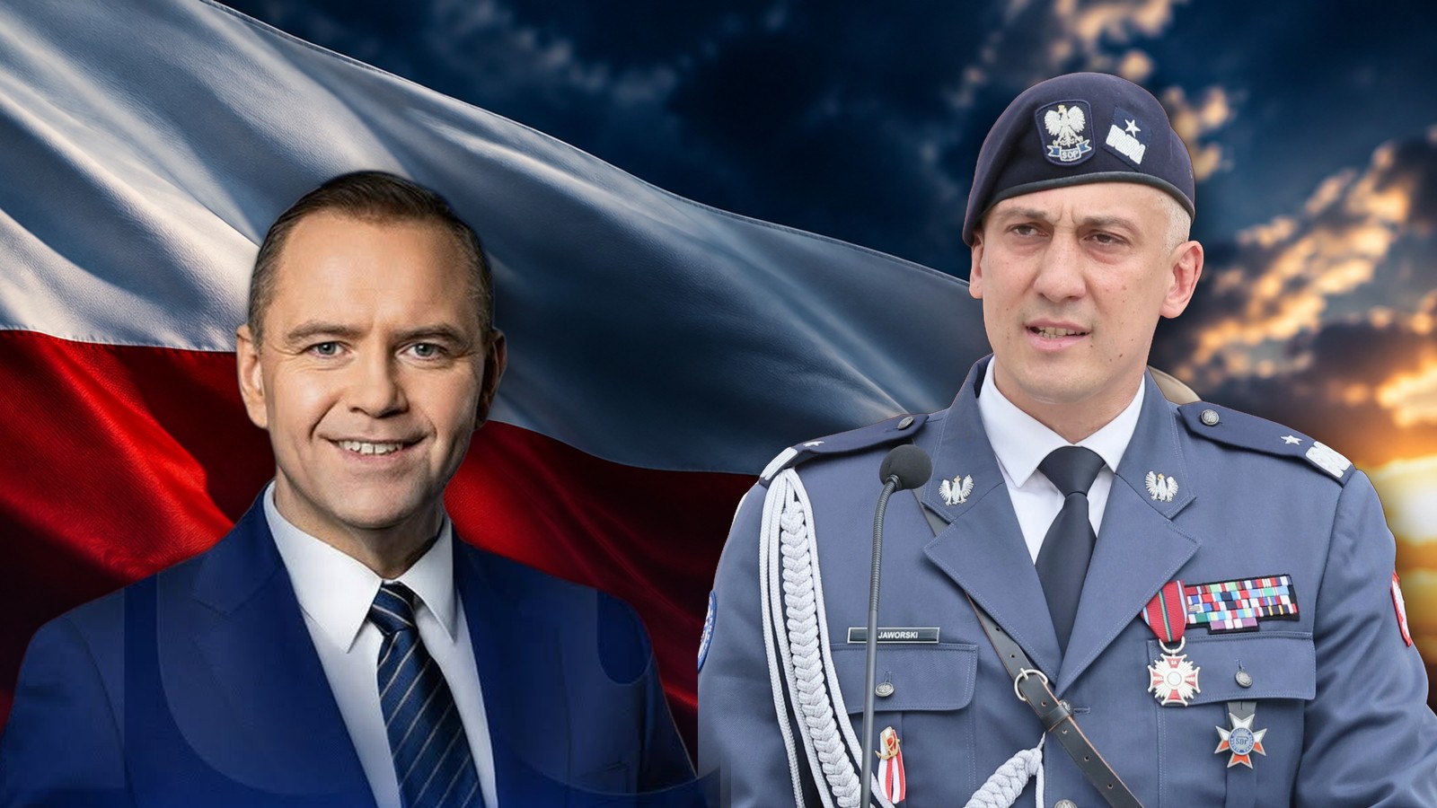 Prezydent Karol Nawrocki i gen. Radosław Jaworski, nowy doradca prezydenta, na tle biało-czerwonej flagi