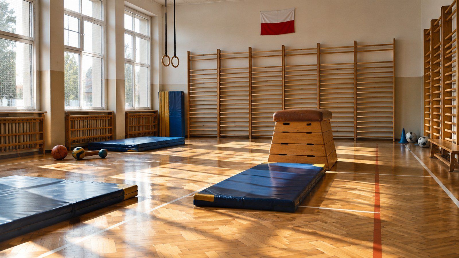 Szkolna sala gimnastyczna z drabinkami i materacami, gimnastyka korekcyjna