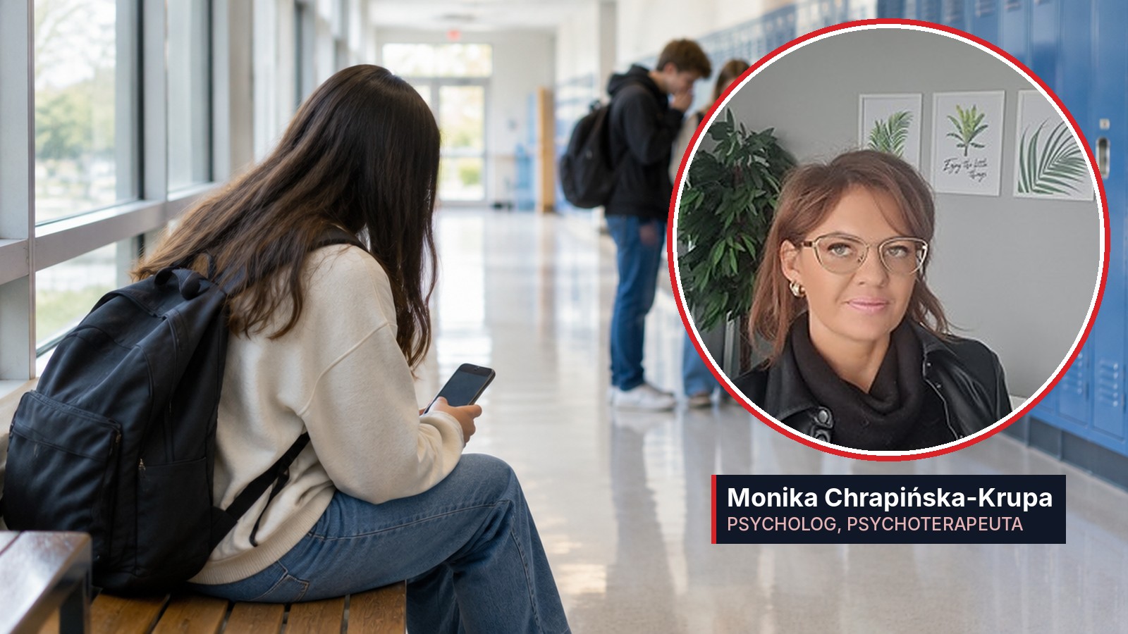 Uczennica siedzi sama na szkolnym korytarzu z telefonem, obok portret psycholog Moniki Chrapińskiej-Krupy