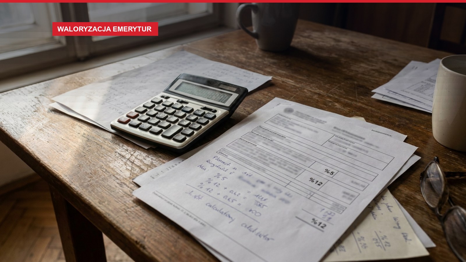 A close-up of a desk with pension calculation documents, a calculator displaying numbers, and scattered papers showing percentage increases. Morning light streams across worn wooden surface. Polish middle-class apartment interior, muted colors, shallow depth of field, horizontal composition.