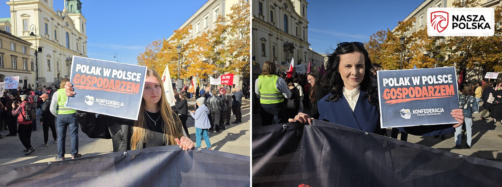 Dwie uczestniczki kontrmanifestacji z tabliczkami Polak w Polsce gospodarzem na Krakowskim Przedmieściu