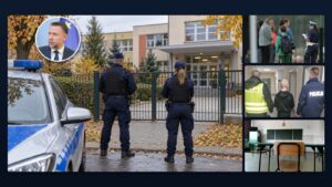Policjanci patrolujący teren przed szkołą i kadry z interwencji w placówkach po groźbach krwawego piątku