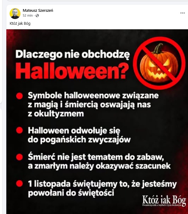 Grafika „Dlaczego nie obchodzę Halloween?” z przekreśloną dynią i czterema powodami, opublikowana przez ks. Mateusza Szerszenia