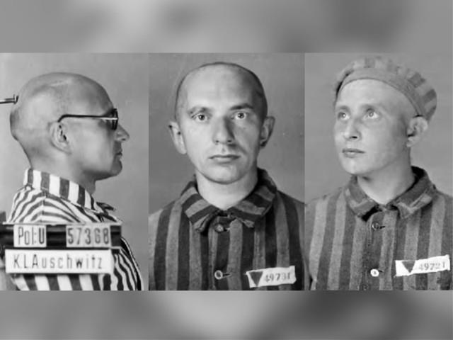 Obozowe zdjęcia ewidencyjne Lwa Rebeta w pasiaku z KL Auschwitz, ujęcia z profilu i en face