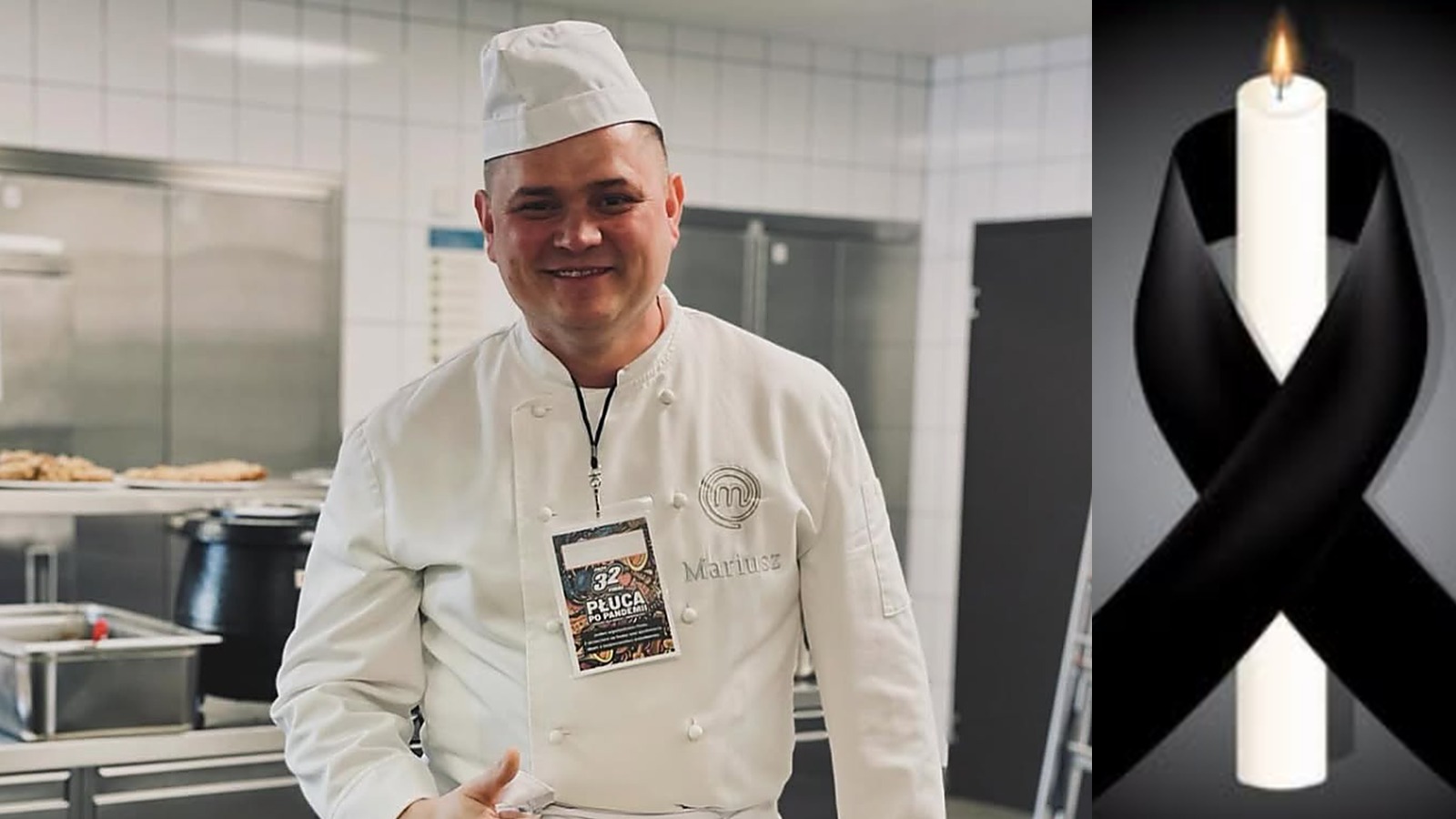 Mariusz Komenda w bieli kucharskiej z plakietką MasterChefa, obok świeca z czarną wstążką
