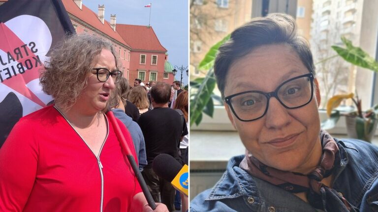 Marta Lempart w czerwonej bluzce podczas protestu Strajku Kobiet obok portretu jej żony Izy Dorobińskiej w okularach