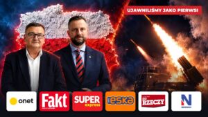 Wójt Gdowa Zbigniew Wojas i szef MON Władysław Kosiniak-Kamysz na tle rakiet oraz logotypy mediów