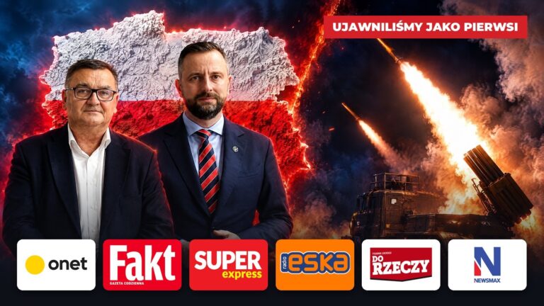 Wójt Gdowa Zbigniew Wojas i szef MON Władysław Kosiniak-Kamysz na tle rakiet oraz logotypy mediów