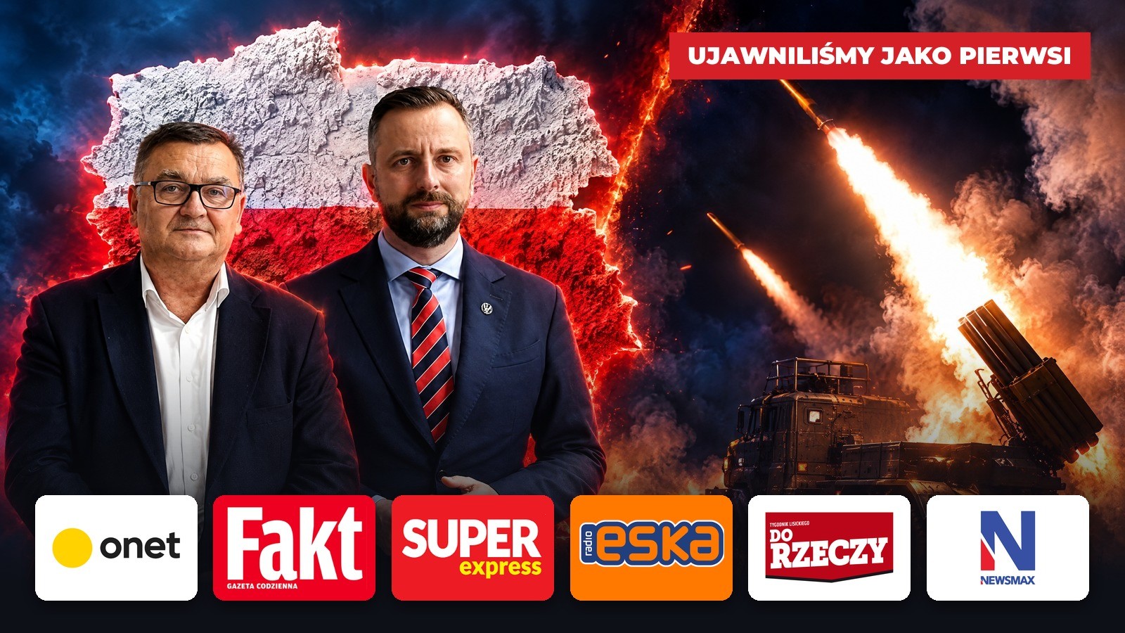 Wójt Gdowa Zbigniew Wojas i szef MON Władysław Kosiniak-Kamysz na tle rakiet oraz logotypy mediów