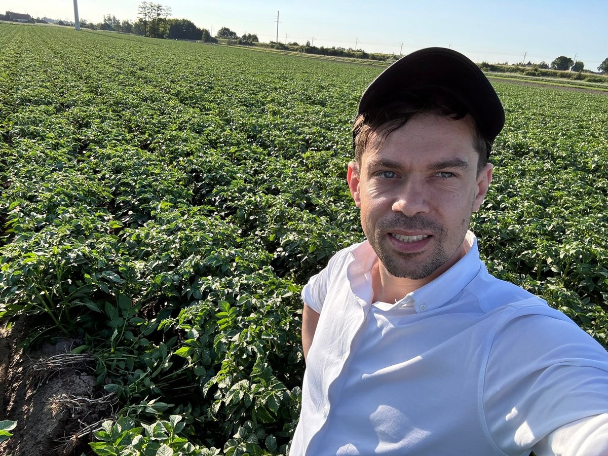 Michał Kołodziejczak w białej koszuli i czapce na tle rozrośniętej uprawy ziemniaków w słoneczny dzień
