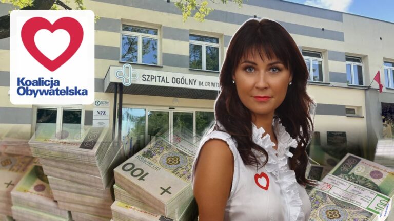 Milena Formejster z przypinką serca, logo Koalicji Obywatelskiej, Szpital Ogólny w Grajewie i paczki banknotów 100 zł