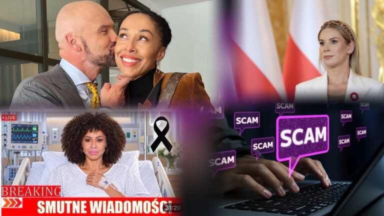Kolaż: Rafał Brzoska z Omeną Mensah, zrzut fałszywej informacji, Marta Nawrocka i grafika z napisem scam