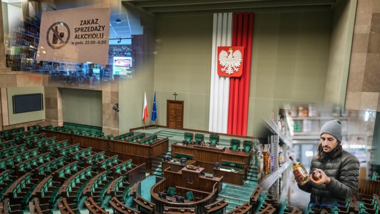 Sala posiedzeń Sejmu, tabliczka o zakazie nocnej sprzedaży alkoholu i klient z butelką przy sklepowej ladzie