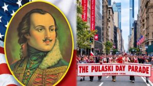 kadr z 89. Parady Pułaskiego (P) i portret Kazimierza Pułaskiego na tle flag USA i Polski (L)