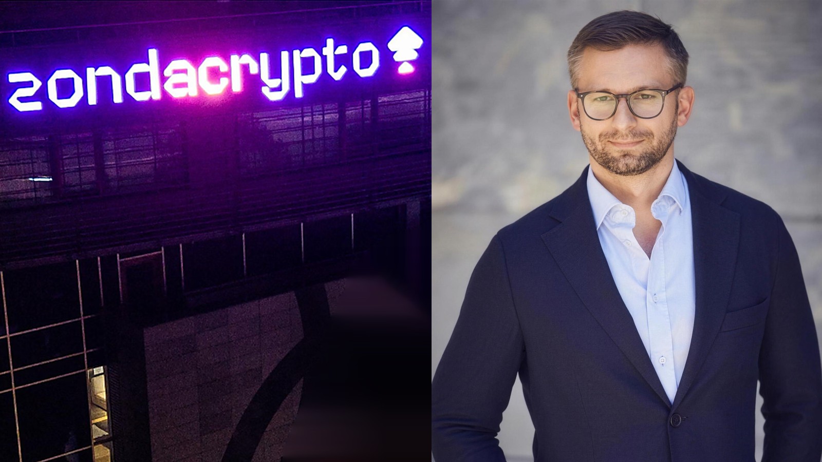 Paweł Sobków w granatowej marynarce i okularach obok nocnego zdjęcia podświetlonego napisu Zondacrypto na budynku