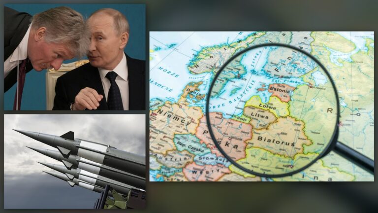 Dmitrij Pieskow i Władimir Putin, rakiety oraz mapa z obwodem królewieckim pod lupą