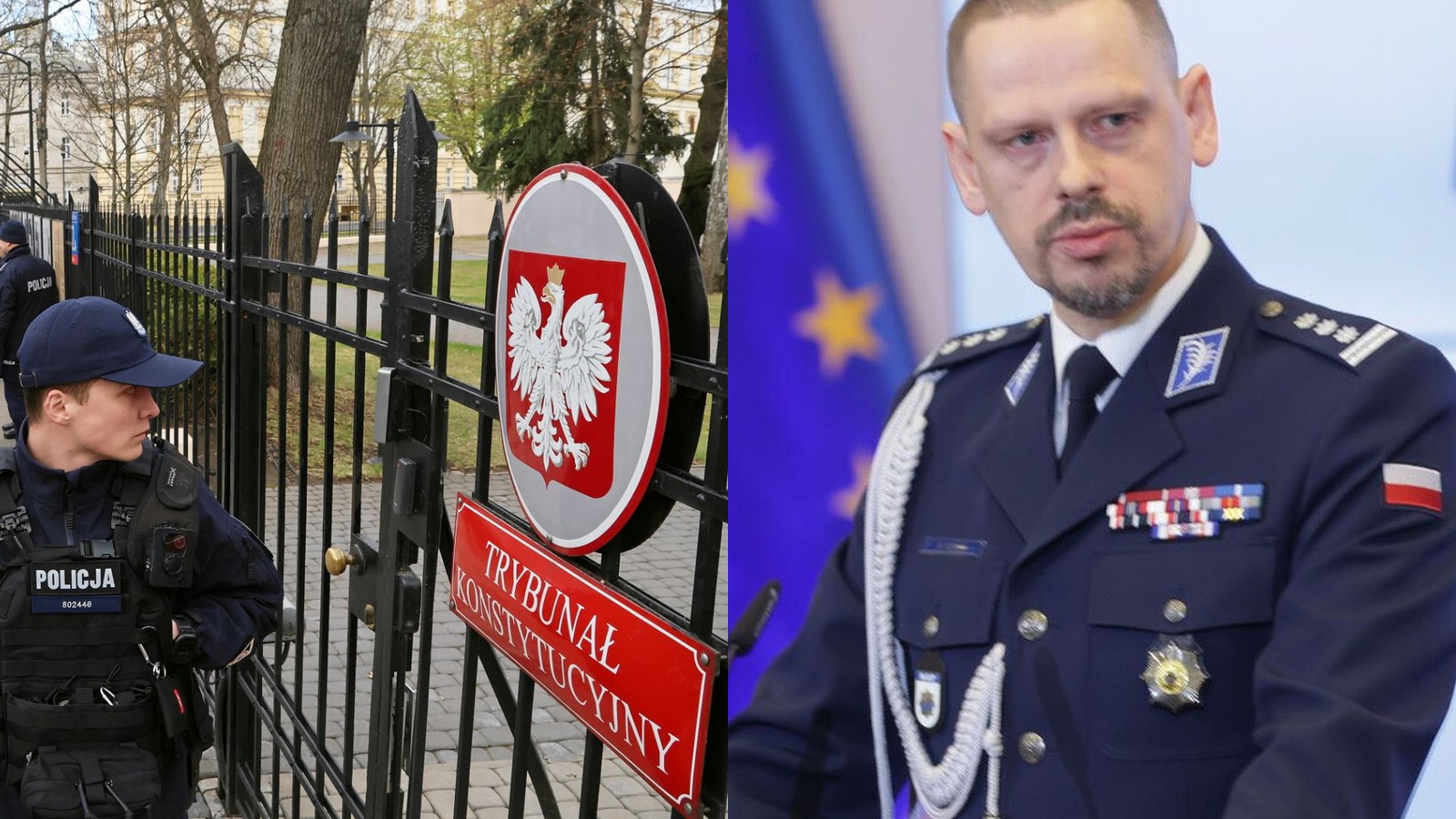 Policjant przy bramie Trybunału Konstytucyjnego i Komendant Główny Policji gen. insp. Marek Boroń w mundurze galowym