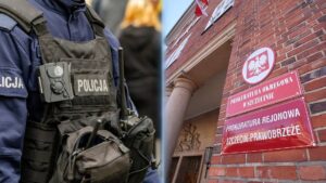 po prawej budynek prokuratury okręgowej w szczecinie, po lewej policjant w uniformie (kamizelka) i osprzętem