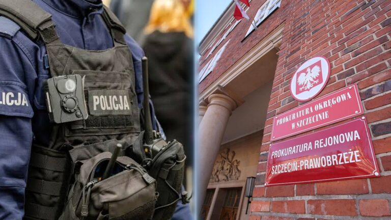po prawej budynek prokuratury okręgowej w szczecinie, po lewej policjant w uniformie (kamizelka) i osprzętem