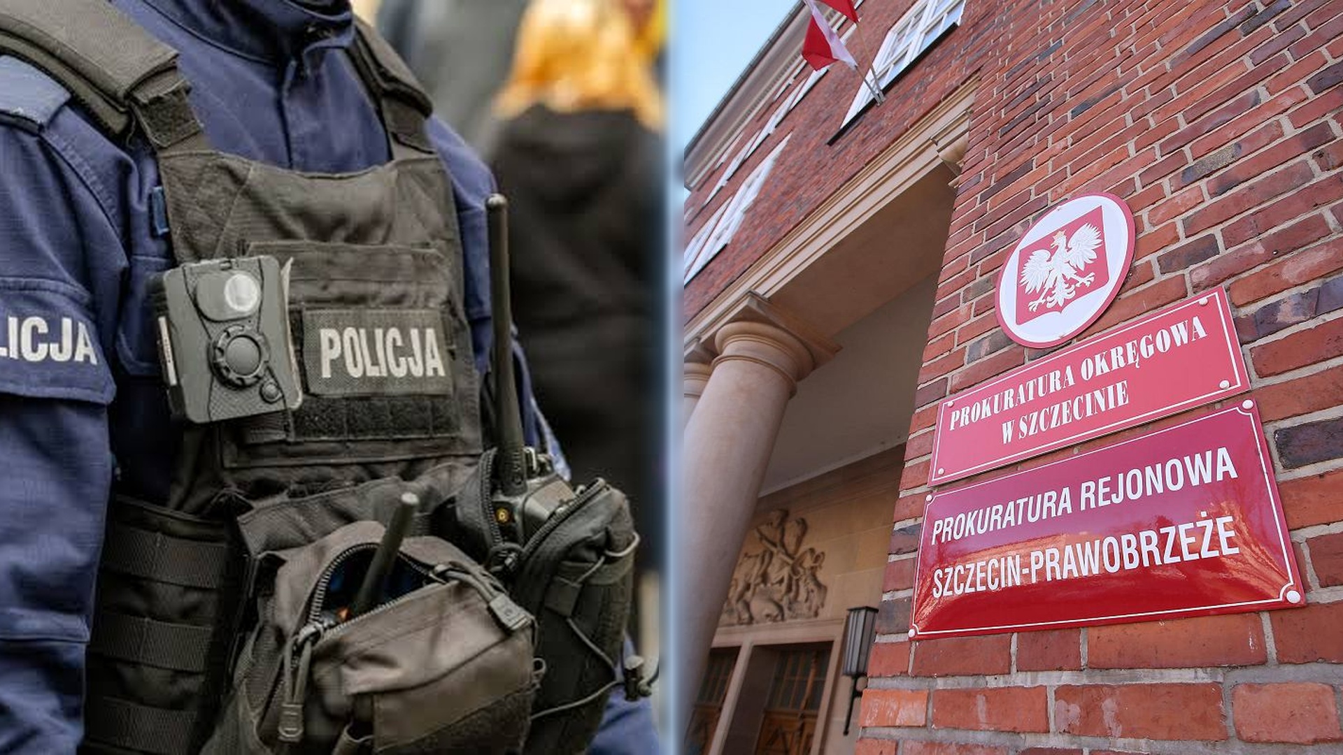 po prawej budynek prokuratury okręgowej w szczecinie, po lewej policjant w uniformie (kamizelka) i osprzętem